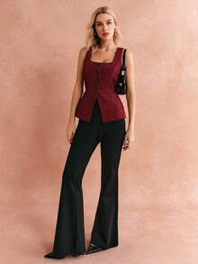 Poéselle 女士复古格子休闲日常穿搭前扣方领上衣，方领上衣，酒红色上衣 - 紅色 - 查看 4