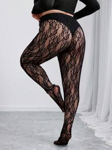 SHEIN CURVE+ Curves 加大码/学校服装/返校服装/返校大码性感弹力透明蕾丝连裤袜、紧身裤、万圣节、返校季 - 黑色 - 查看 7