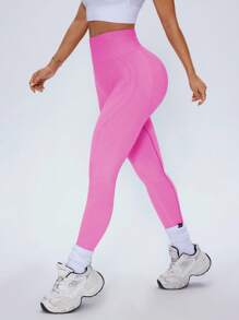SHEIN Sport Studio Mallas sin costuras de cintura alta para mujer, color rosa, para uso diario casual y de fitness