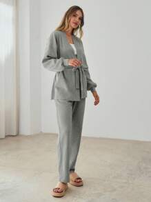 SHEIN Cottnline Cotton Drop Shoulder Belted Coat & Pants - Light Grey - View 3
