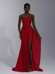 Elitara Women's Elegant Red Shiny V-Neck Gown,Luxurious Elastic Knit Bra Cup Boned Pleating High Slit Fish Tail Dress For Formal Events,Weddings & Galas - Burgundy - View 7