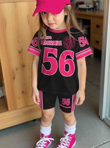 SHEIN 女婴休闲简约“Girls Trip”经典运动风，数字 56 时尚标语“Every Day Is Memorable”印花，色块袖子设计，撞色领口短袖 T 恤，带有数字 56 和标语印花，搭配合身骑行短裤，适合夏季、运动、健身、休闲外出和社交活动 - 彩色 - 查看 2