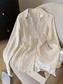 INAWLY قميص كاجوال فضفاض مزين بالدانتيل بأكمام طويلة للنساء، صيفي