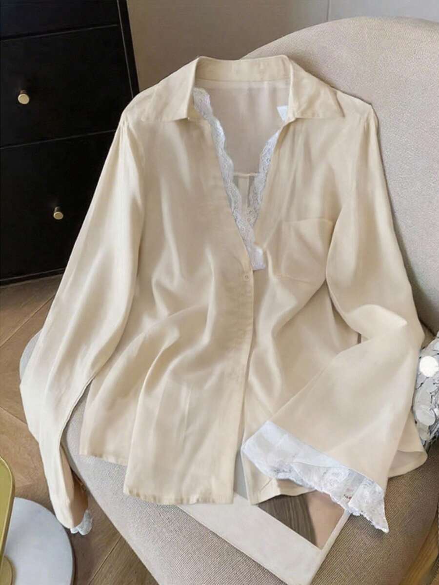 INAWLY قميص كاجوال فضفاض مزين بالدانتيل بأكمام طويلة للنساء، صيفي