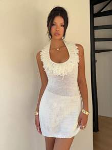 SHEIN EZwear Vestido suéter mini de tejido ajustado con espalda abierta y cuello halter, para el verano - Blanco - Ver 5