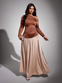 Viva Relle Elegant Shoulder-Cutout Patchwork Fitted Plus Size Dress - Apricot - View 5