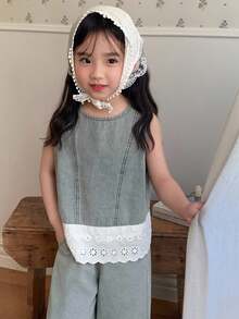 Dazy Kids Bộ 2 món/Bộ áo ren chắp vá không tay và quần ống rộng thường ngày cho bé gái, bé gái - Rửa nhẹ - Xem 4