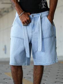 Manfinity EMRG 男士宽松腰街头风多扣蓝色拼布牛仔短裤男浅色水洗牛仔短裤宽松牛仔短裤男 - 淺色水洗藍 - 查看 8