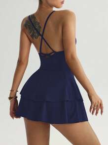 Easithlete 女式夏季带口袋细肩带荷叶边连体裤 - 藏蓝色 - 查看 2