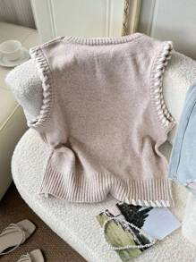 SHEIN LUNE 女士休闲拼色宽松针织背心上衣针织背心无袖针织上衣女士针织背心毛衣背心返校秋季女装秋季外出上衣女士学校外出上衣秋季服装返校服装学校服装女士秋季服装可爱衬衫老款女士商务休闲女士返校服装 - 杏色 - 查看 2