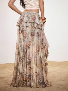 Shutterstock Glamance Women's Floral Print Asymmetric Hem Fashionable Vacation Style Floral High Low Layered Skirt Ruffle Skirt Bohemian Skirt Y2K 2000s Back To School Club Sexy Date Night - Multicolor - View 2