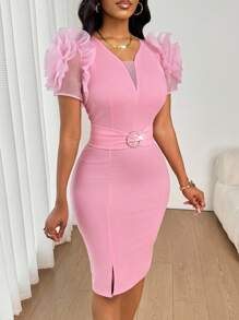 SHEIN Lady 女式优雅夏季网眼拼布花卉印花开叉连衣裙 - 粉色 - 查看 7