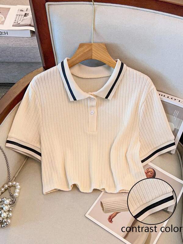 Regalyn Camiseta de punto informal de verano con cuello polo y bloques de color para tallas grandes