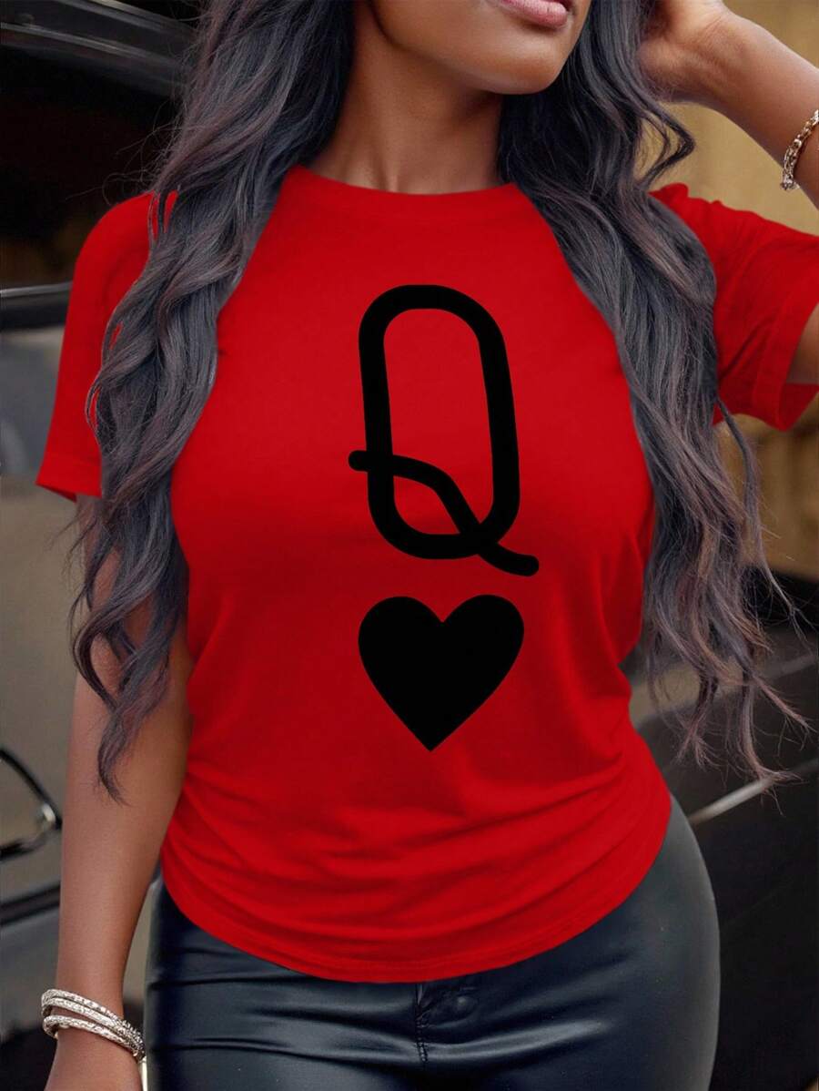 SHEIN CURVE+ 大码女式短袖圆领 T 恤，简约时尚，适合夏季 - 紅色 - 查看 1