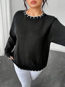 SHEIN Elenzya Plus Size Elegant Black Knit Pullover Contrast White Trim Long Sleeve Sweater, Chic For Work And Casual Wear Knit Pullover Fall Winter - Black - View 3