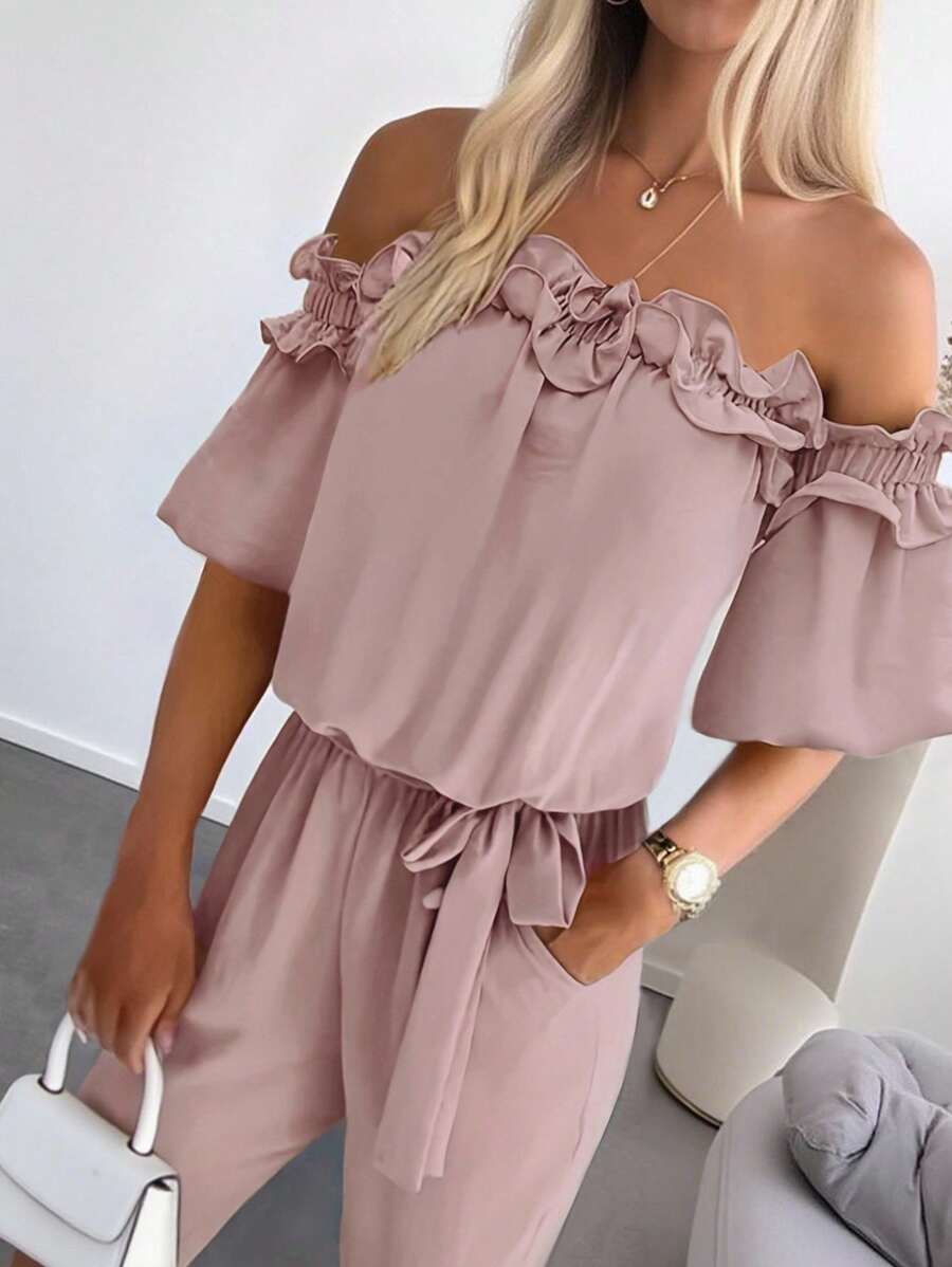 INAWLY 女士优雅露肩纯色分层荷叶边饰带腰部侧袋连体裤 - 粉色 - 查看 1