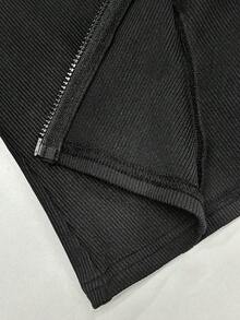 SHEIN Tween Girl Black Casual Fashionable Ribbed Solid Color Stand Collar Zip-Up Long Sleeve Fitted Jacket,Suitable For School,Back-To-School,Autumn Outfit - Black - View 8