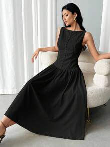 Modelyn 女士纯色优雅中长无袖连衣裙，夏季 - 黑色 - 查看 4