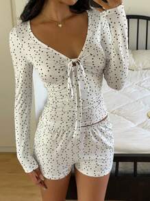SHEIN EZwear Fall Women Clothes Polka Dot Print Cute Clothes  Simple Fashion Tie-Front Long Sleeve Top And Shorts Casual 2 Pieces Set - White - View 7