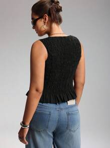 LYSMO 大码夏季波西米亚风女式弹力褶皱背心，商务休闲女式黑色无袖上衣，夏季束腰女式上衣，返校季，荷叶边上衣，情人节 - 黑色 - 查看 2