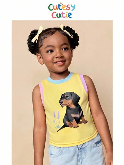 CutesyCutie 女童针织撞色圆领可爱小狗图案休闲上衣，适合女童校服、学校上衣等场合。