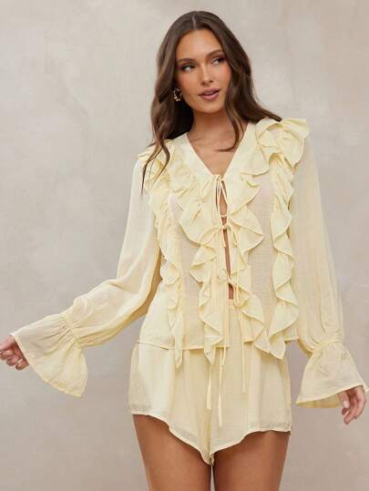 L'Amorae Women's Texture Chiffon Ruffle Long Sleeve Easter Butter Yellow Blouse Back To School Vacation Boho