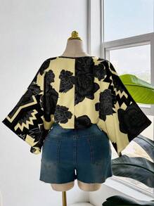 Sweetra Blusa vacacional de talla grande con estampado floral todo sobre y nudo torcido, elegante - Multicolor - Ver 2