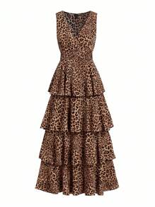 Ellevyn 女式 V 领收腰分层豹纹无袖蛋糕连衣裙，修身剪裁，优雅日常穿着，春夏秋 - 彩色 - 查看 4