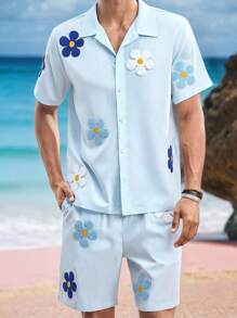 Manfinity VCAY Men's Light Blue Floral Print Shirt & Drawstring Shorts Set Men 2 Pieces Set Summer Men 2 Pieces Set Flower Men Flower Print Set Men Summer Set Baby Blue Men Set - Blue - View 2