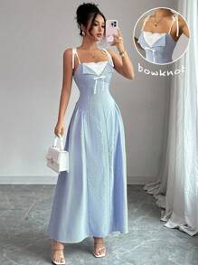 Elenzga 女式蓝白条纹拼接蕾丝花边腰部设计吊带连衣裙 - 藍白色 - 查看 4