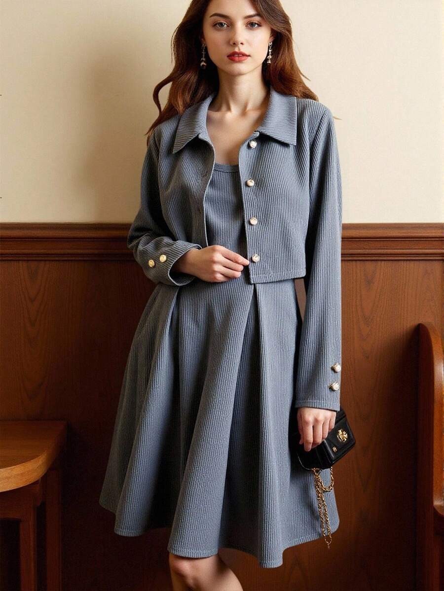 少女休闲日常前扣夹克和吊带背心连衣裙两件套