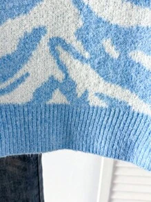 Franclia 女士休闲斑马纹圆领长袖套头毛衣针织套头衫秋冬 - 藍色 - 查看 5