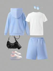 1 套青少年女孩休闲时尚浅蓝色拉链长袖连帽衫和配套短裤，春夏 - 淺色水洗藍 - 查看 4