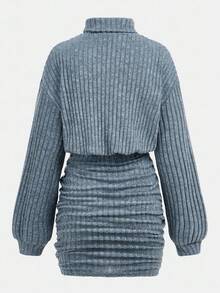 SHEIN Girlism 少女罗纹针织高领宽松腰部贴身臀部褶皱休闲优雅复古百搭内衣长袖迷你连衣裙，蓝色 - 藍色 - 查看 2