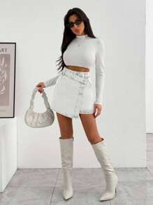 EURMUSE WOMEN MINI SKIRT MEDIUM WASH BUTTON DETAIL - White - View 5