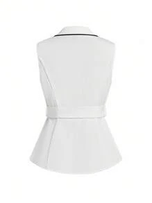 Ellevyn Completo elegante da donna con top a collo alla coreana a contrasto di colore e pantaloni a gamba ampia con tasche, set di abbigliamento primaverile, autunnale e invernale, adatto per l'ufficio e il casual business per donne