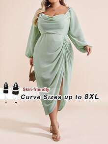 SHEIN CURVE+ Đầm xòe hở vai cổ xếp nếp đính sequin lấp lánh gợi cảm cho tiệc sang trọng cỡ lớn dành cho nữ, tay dài, màu xanh ô liu - màu xanh lá - Xem 1