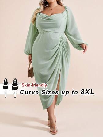 SHEIN CURVE+ Plus Size Women's Elegant Party Date Sexy Glittery Sequined Draped Neck Ruched Asymmetric Hem Slit Dress With Long Sleeves, Olive Green,Wedding Guest Dress Women Curve Dresses 8xl Women Clothes Plus Size Dresses Plus Size Clothing