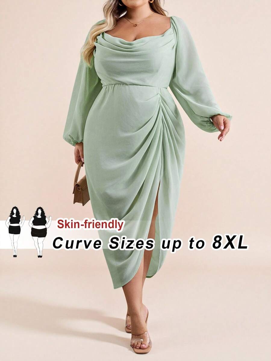 SHEIN CURVE+ Đầm xòe hở vai cổ xếp nếp đính sequin lấp lánh gợi cảm cho tiệc sang trọng cỡ lớn dành cho nữ, tay dài, màu xanh ô liu - màu xanh lá - Xem 1