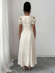 Elenzga Women's Elegant Floral Lace Textured Satin A-Line Maxi Dress, Square Neckline