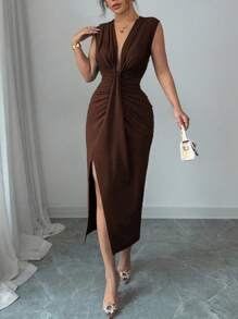 Rafferiza Elegant Sleeveless Navy Blue Deep V-Neck Draped Hem Slit Dress For Women, Spring/Summer - Mocha Brown - View 7