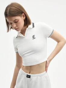 Gameset SHEIN Sport 女式字母条纹短袖日常健身 Polo 衫 - 白色 - 查看 7
