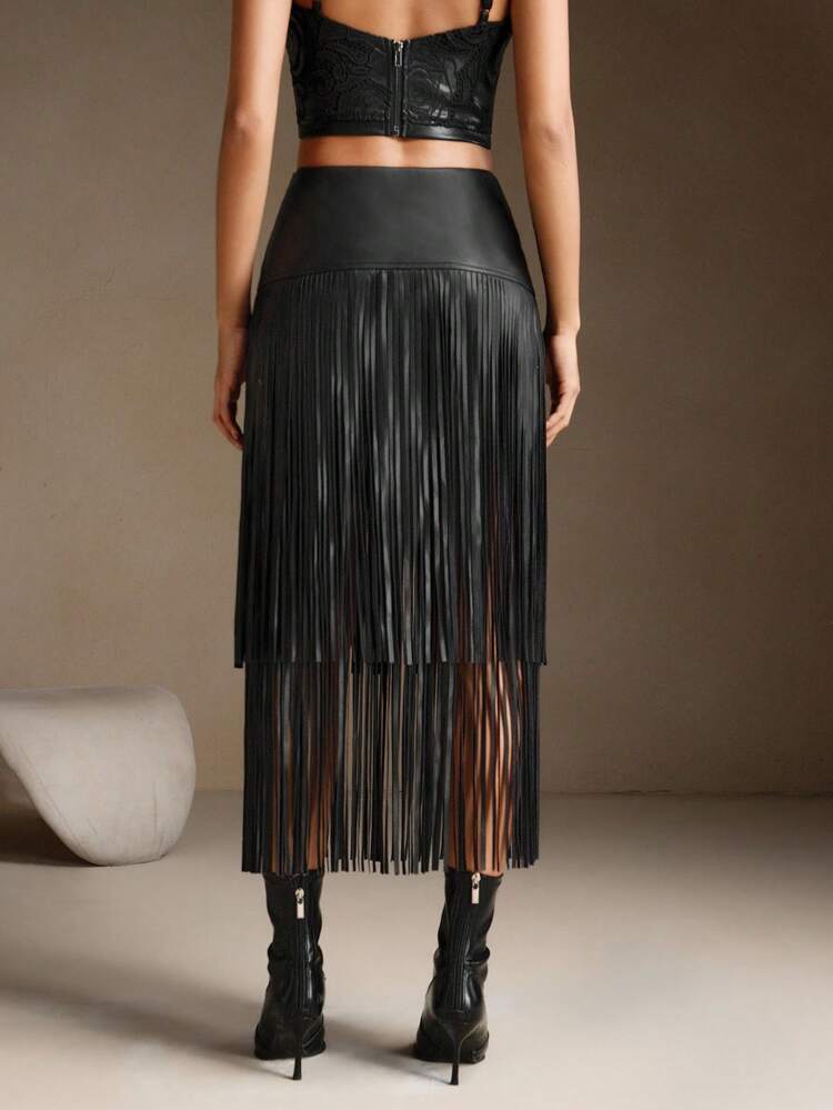 Falda maxi Anewsta de cintura ajustada con cadena negra y doble capa de flecos, adecuada para el Día de San Valentín, primavera a verano