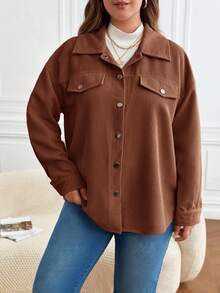 SHEIN Frenchy Plus Size Women's Solid Color Drop Shoulder Long Sleeve Single-Breasted Casual Jacket,Fall Clothes For Women Winter Autumn - Coffee Brown - View 4