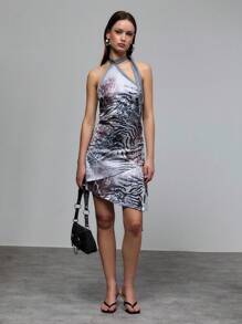 TypaGal Light Grey Halter Mini Dress,Summer Animal Print Asymmetrical Silhouette Silky Tie-Neck Club Night Dress For Women,Sultry Sleeveless Party Wear - Multicolor - View 1