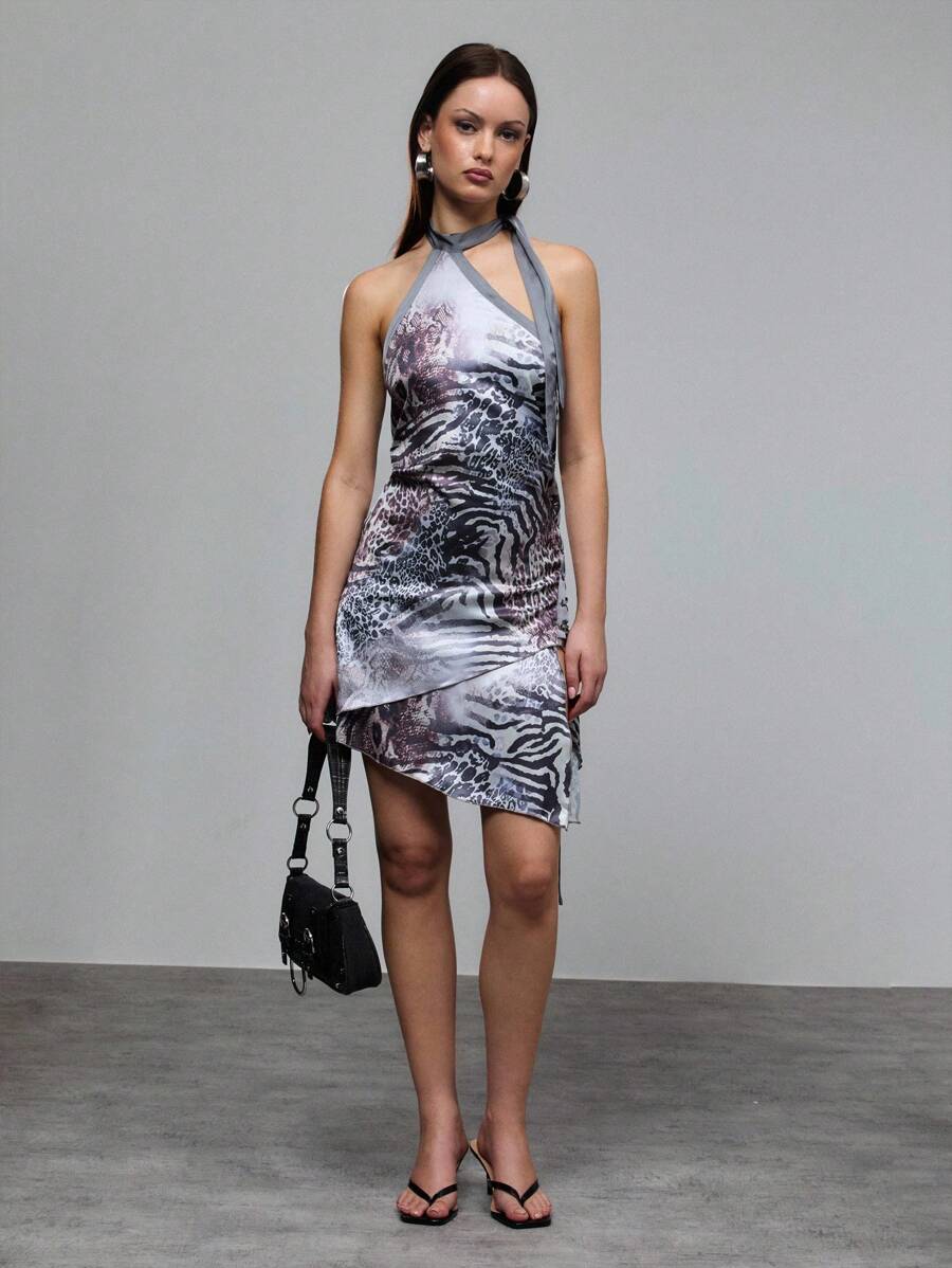 TypaGal Light Grey Halter Mini Dress,Summer Animal Print Asymmetrical Silhouette Silky Tie-Neck Club Night Dress For Women,Sultry Sleeveless Party Wear - Multicolor - View 1