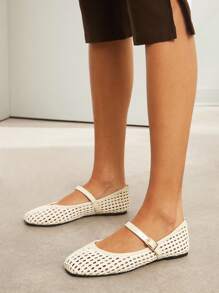 SHUZIA Giày bệt Mary Jane ballet mũi vuông dệt PU thoải mái cho nữ - Màu be - Xem 2