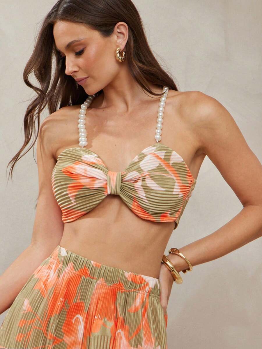 L'Amorae Top de vară scurt, plisat floral, cu bretele și perle - Multicolor - Vizualizare 1