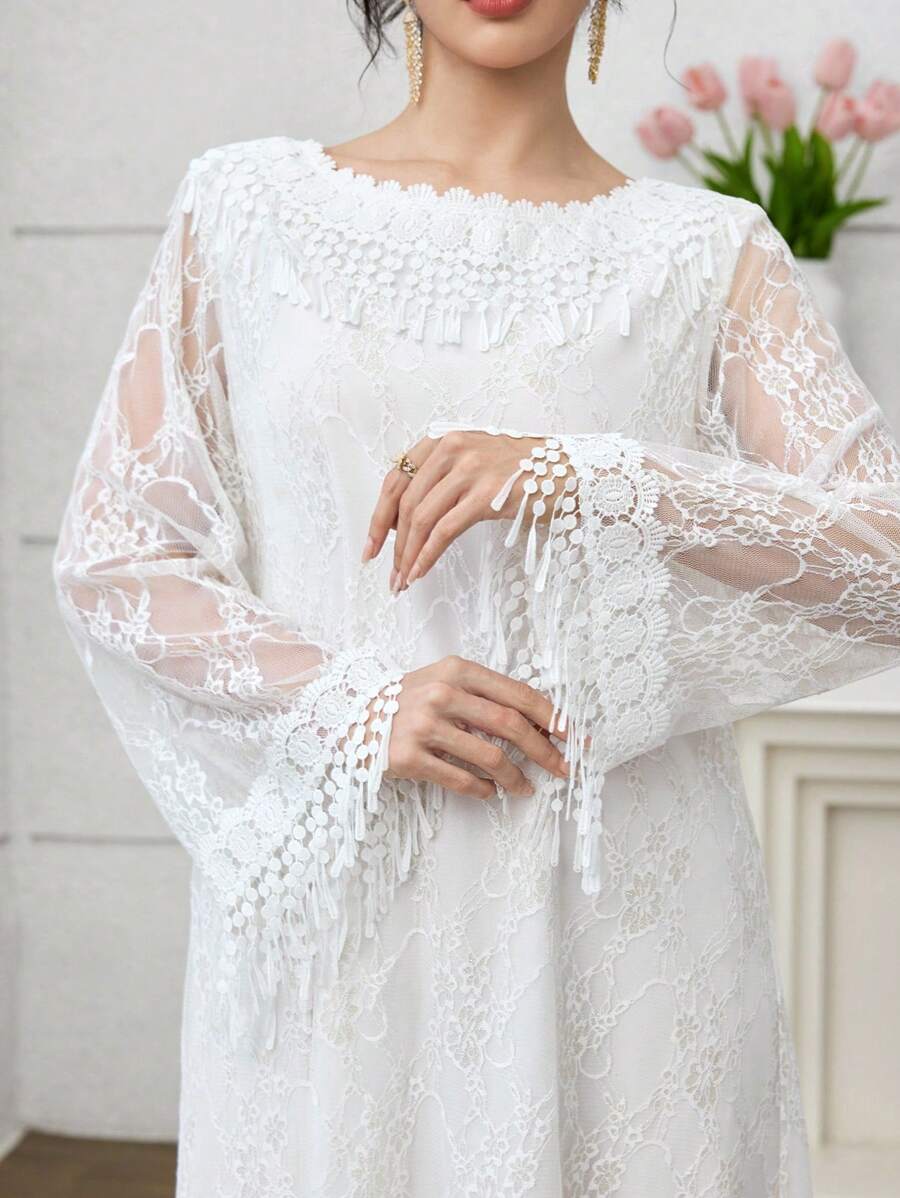 Yasmyna Vestido árabe con cuello redondo, mangas acampanadas de encaje, para primavera y otoño