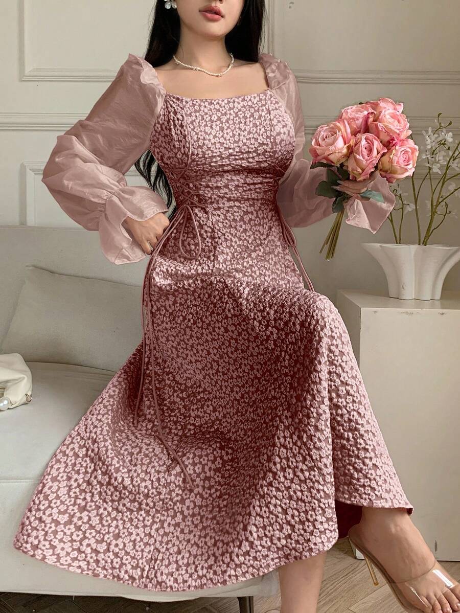 Feyla Women's Solid Color Square Neck Ruffle Hem Long Sleeve Dress Long Evening Dresses Rose Dress Pink Dress Summer Dress